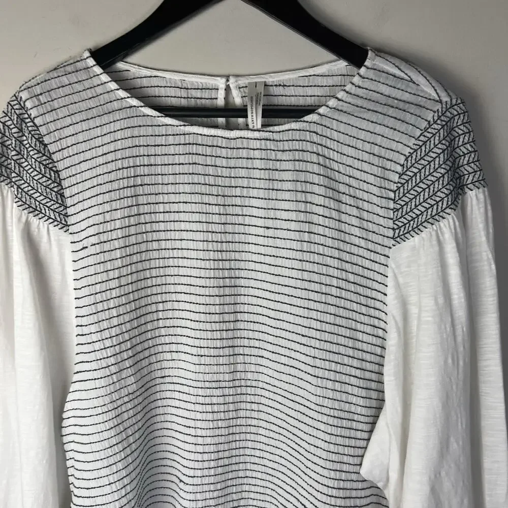 Anthropologie Aiden Textured Striped Top White Size M Balloon Puff Sleeve
